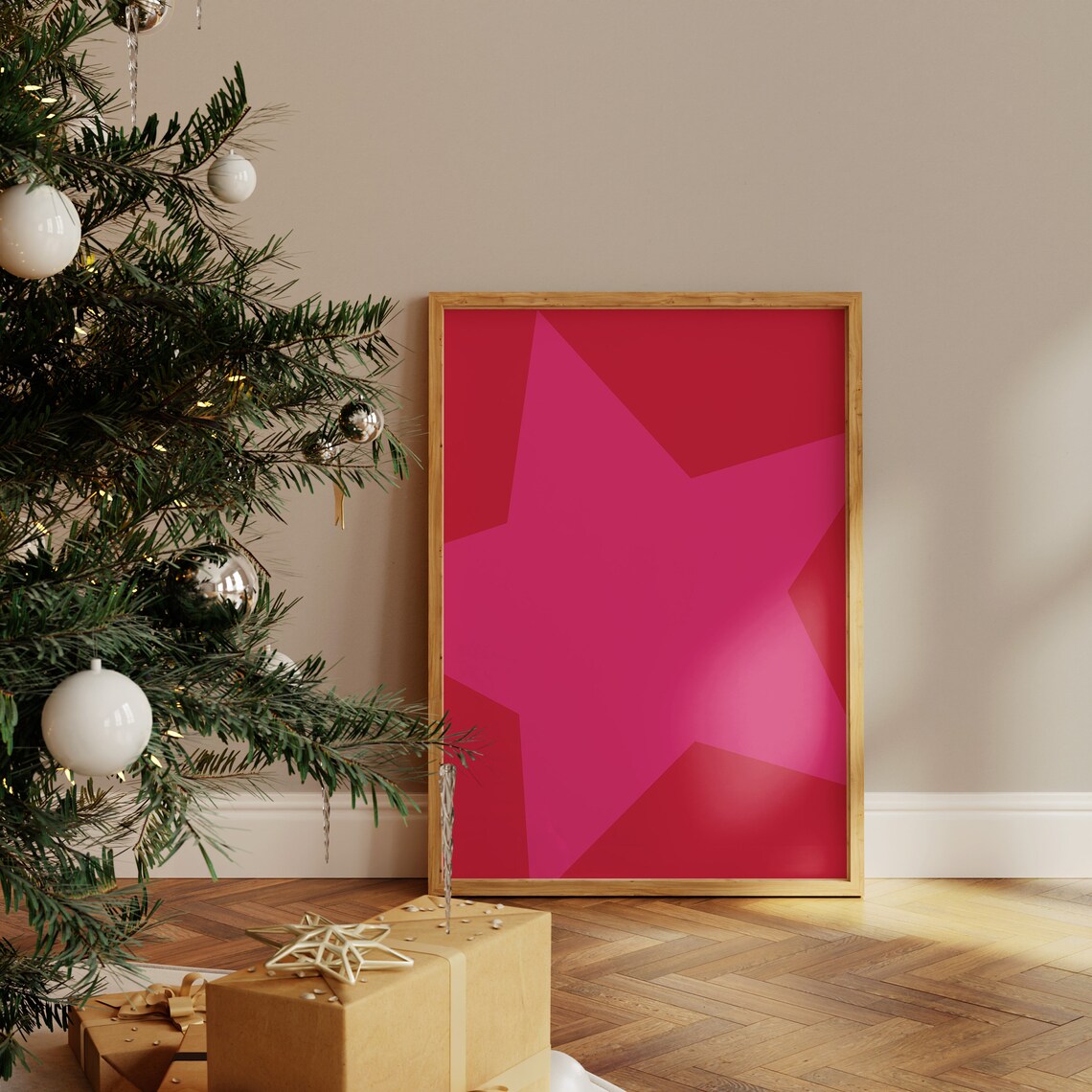 Pink Christmas Star Abstract Poster, Holiday Decor