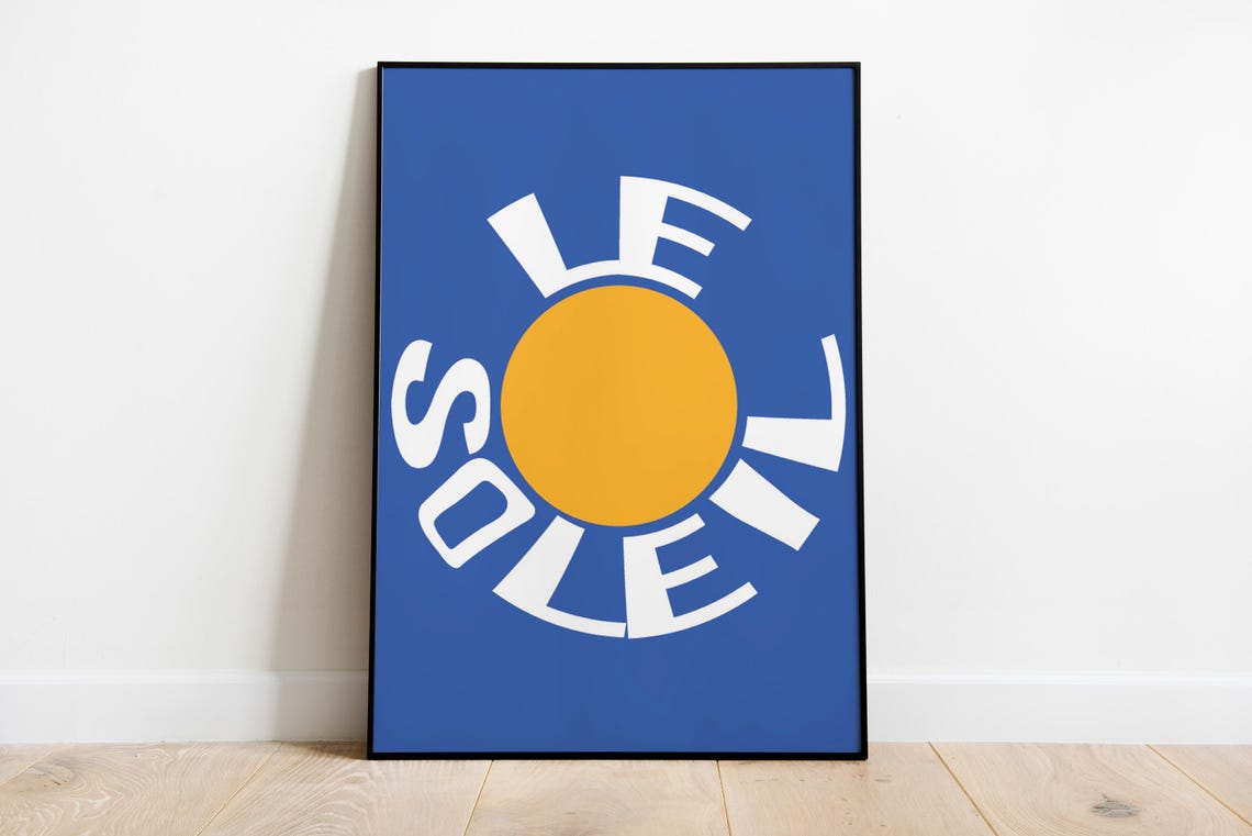Le Soleil French Sun Blue Retro Summer Circular Typographic Poster