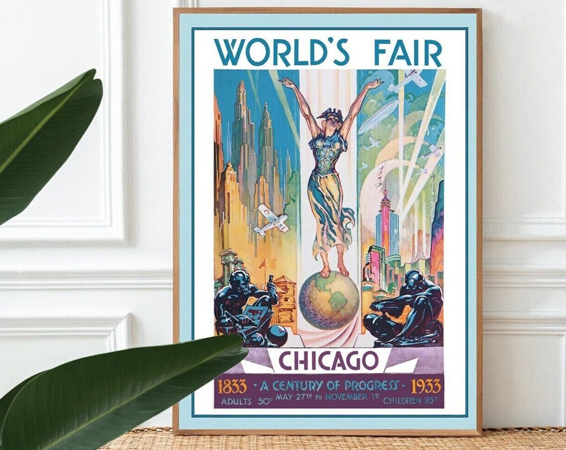 Chicago Worlds Fair 1933 Century Of Progress Vintage Art Deco Poster
