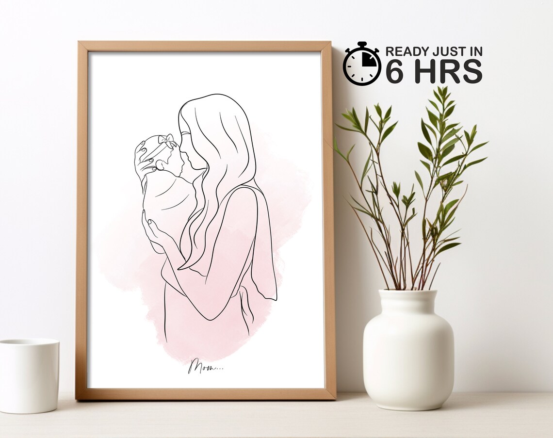 Custom Mom Kissing Newborn Line Art Portrait Poster with Blush