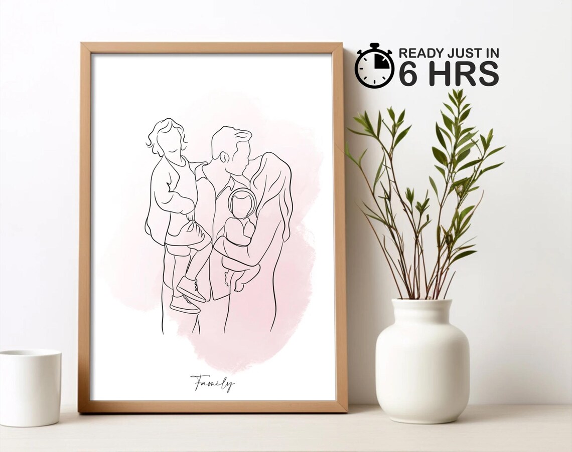 Custom Dad with Two Young Kids Line Art Family Portrait Poster