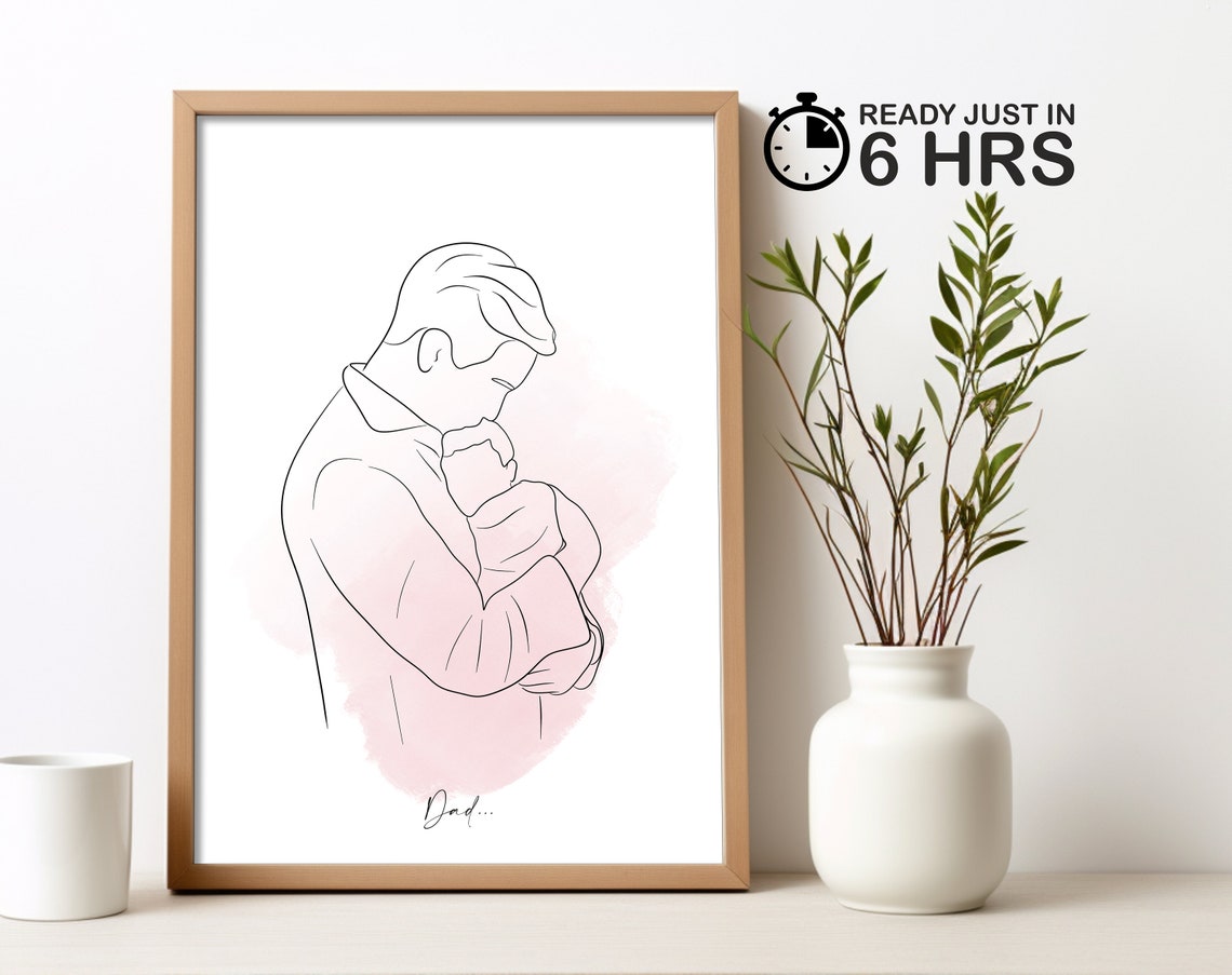 Custom Father Holding Newborn Line Art Portrait Poster Blush Wash