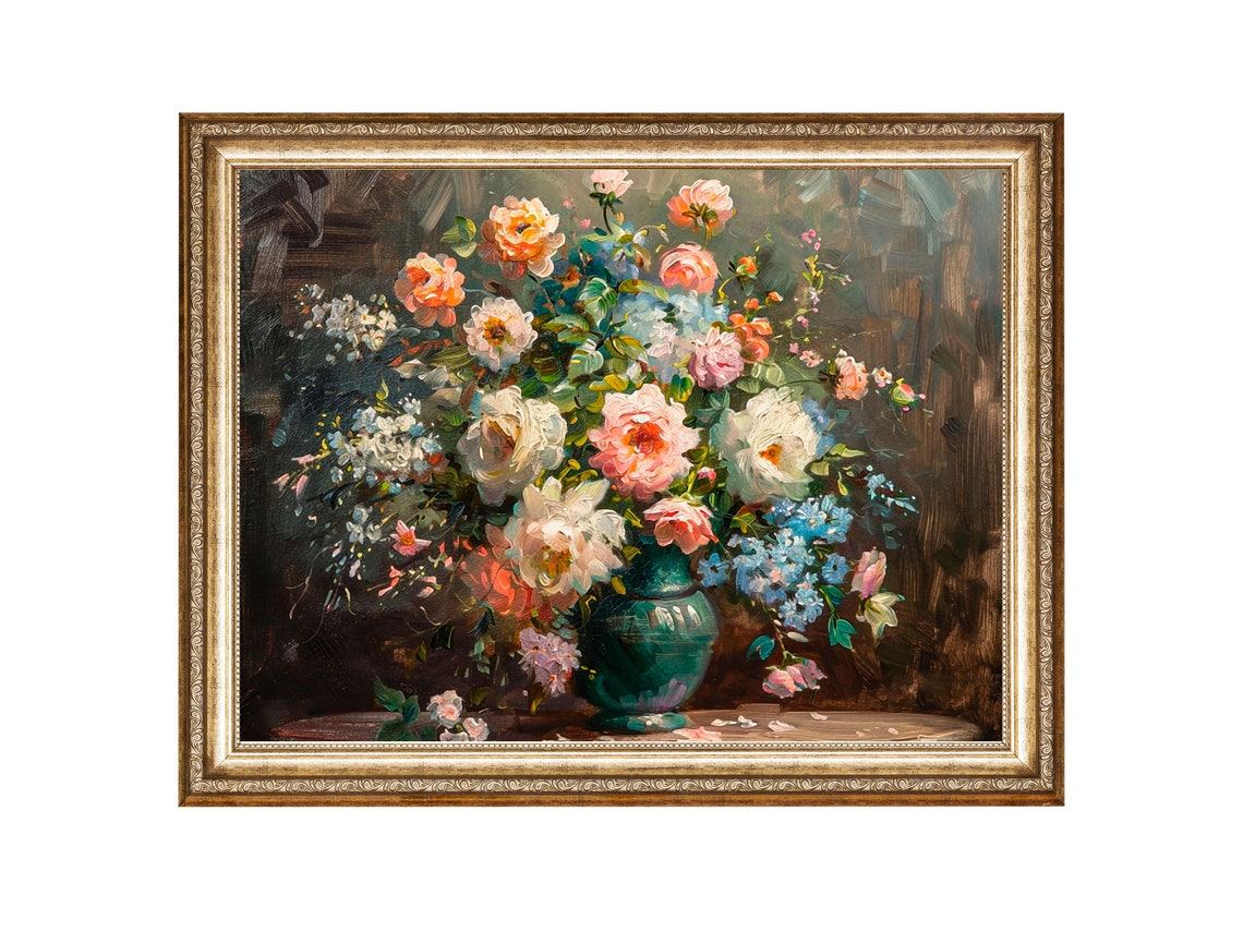 Flower Bouquet Vintage Still Life Flower Oil Painting Romantic Wall Art Summer Flowers Floral Art Flowers In Vase Flower Artwork