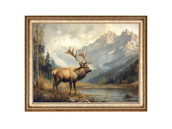 Majestic Elk In Mountain Landscape Oil Painting Cottage Core Art Vintage Painting Wall Art Prints