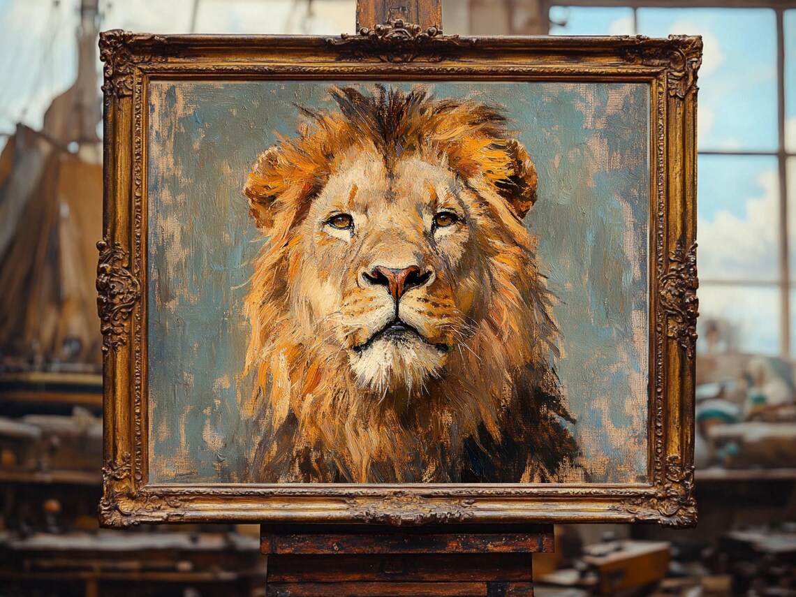 Majestic Lion Face Portrait In Warm Oil Painting Style Poster - Image 3