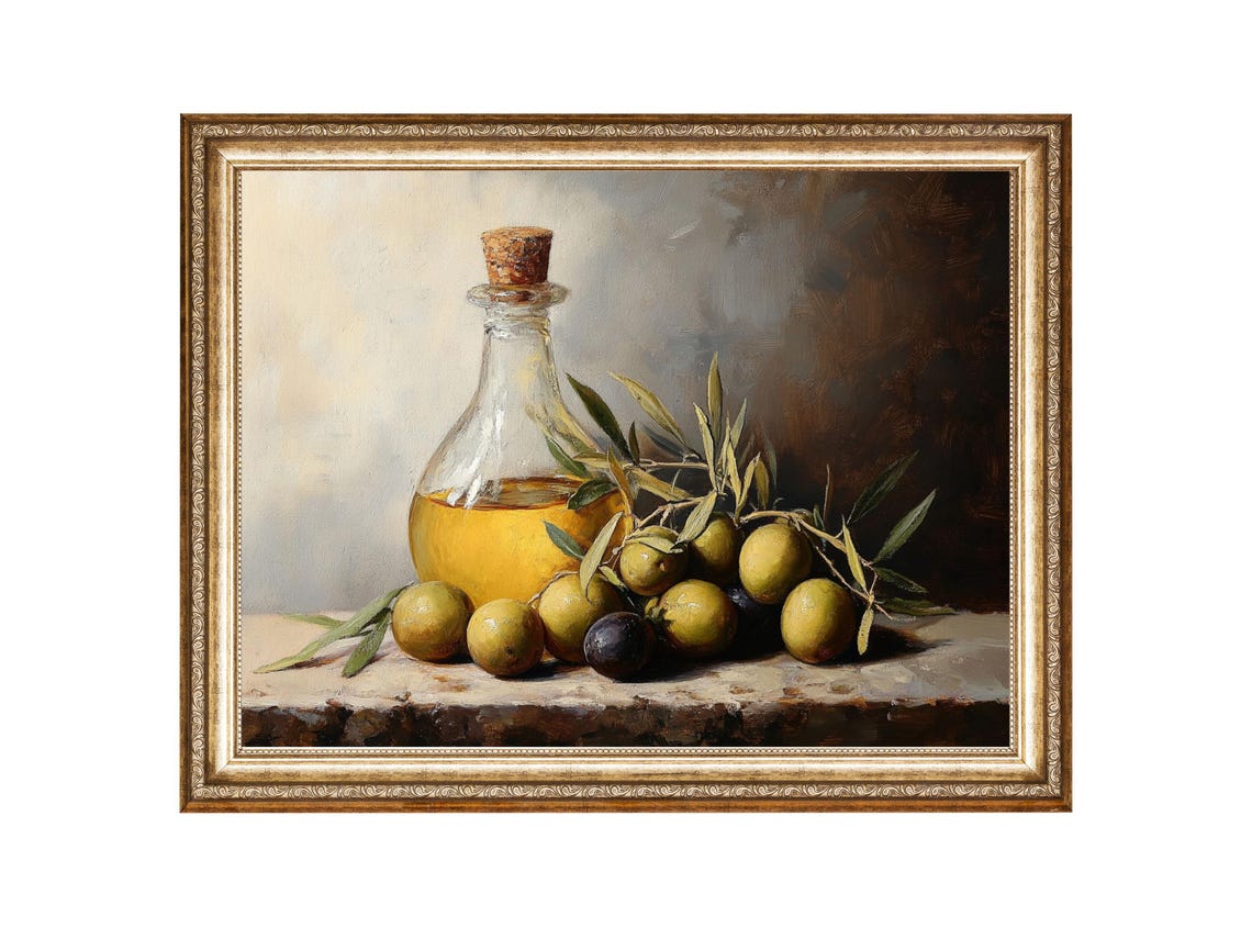 Olive Oil Still Life Food Painting Mediterranean Kitchen Oil Painting Cottage Core Art Best Gifts Vintage Painting Prints