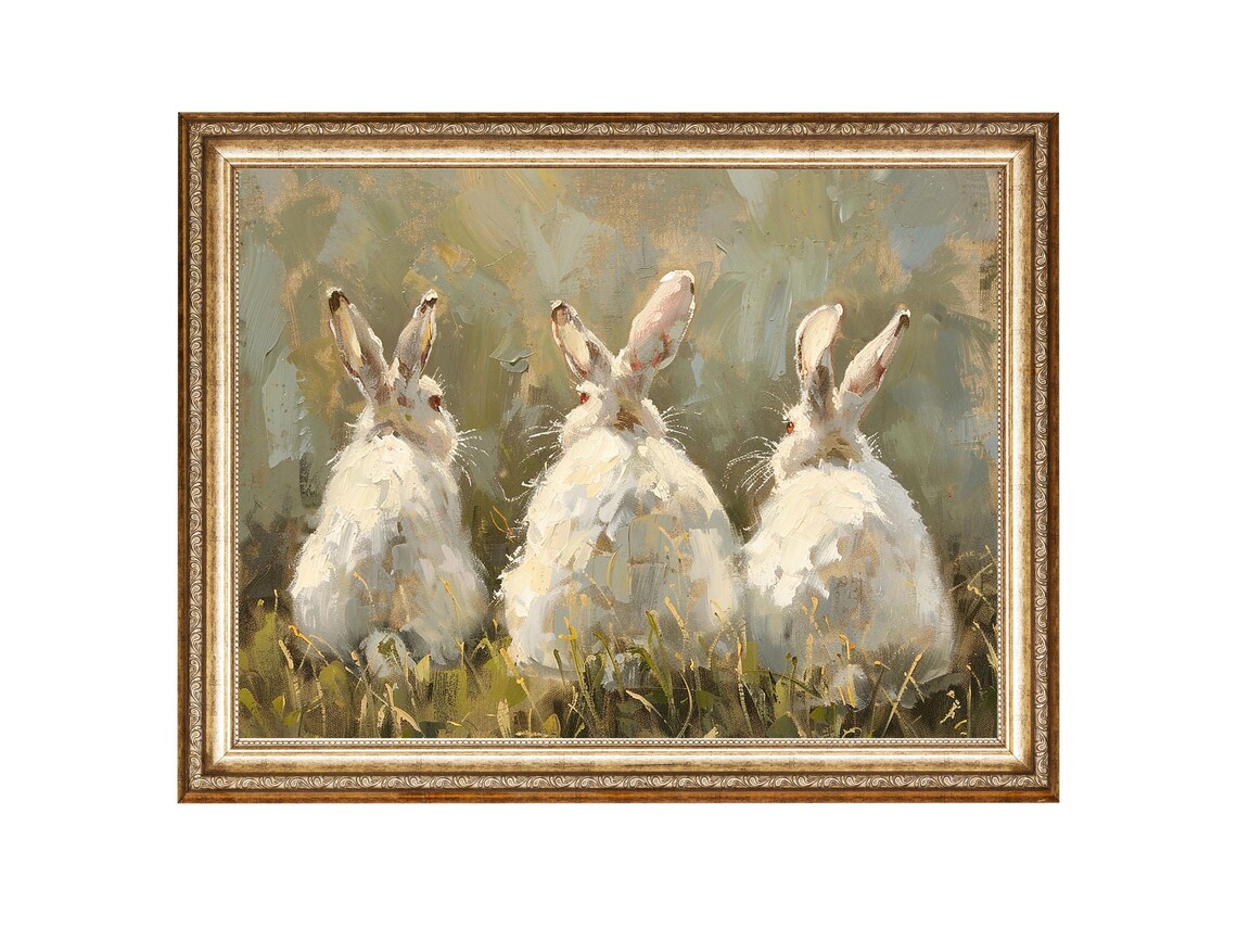 Three White Rabbits Seen From Behind In A Sunny Meadow Poster