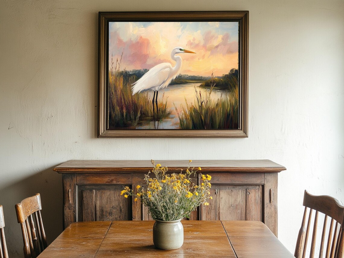 White Egret Marshland Sunset, Vintage Landscape Art Print - Image 2