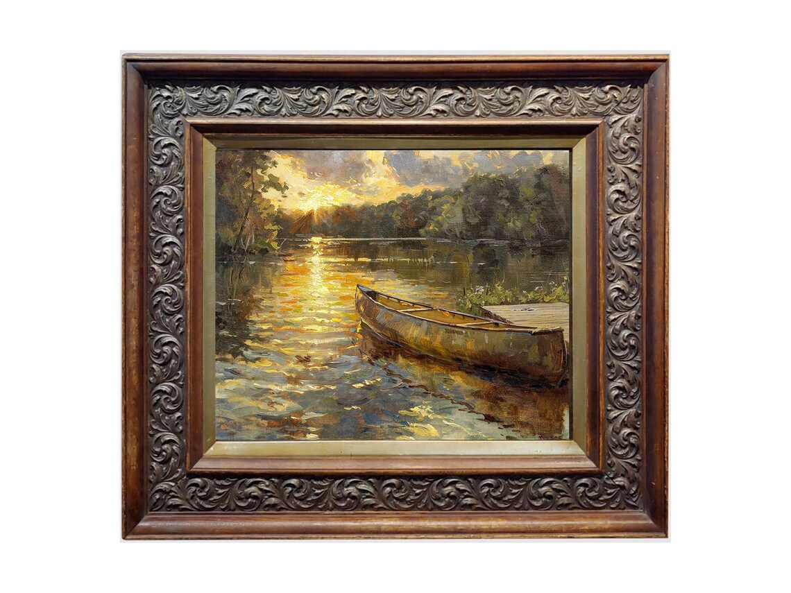 Boat on Lake Sunset Landscape, Vintage Prints - Image 2