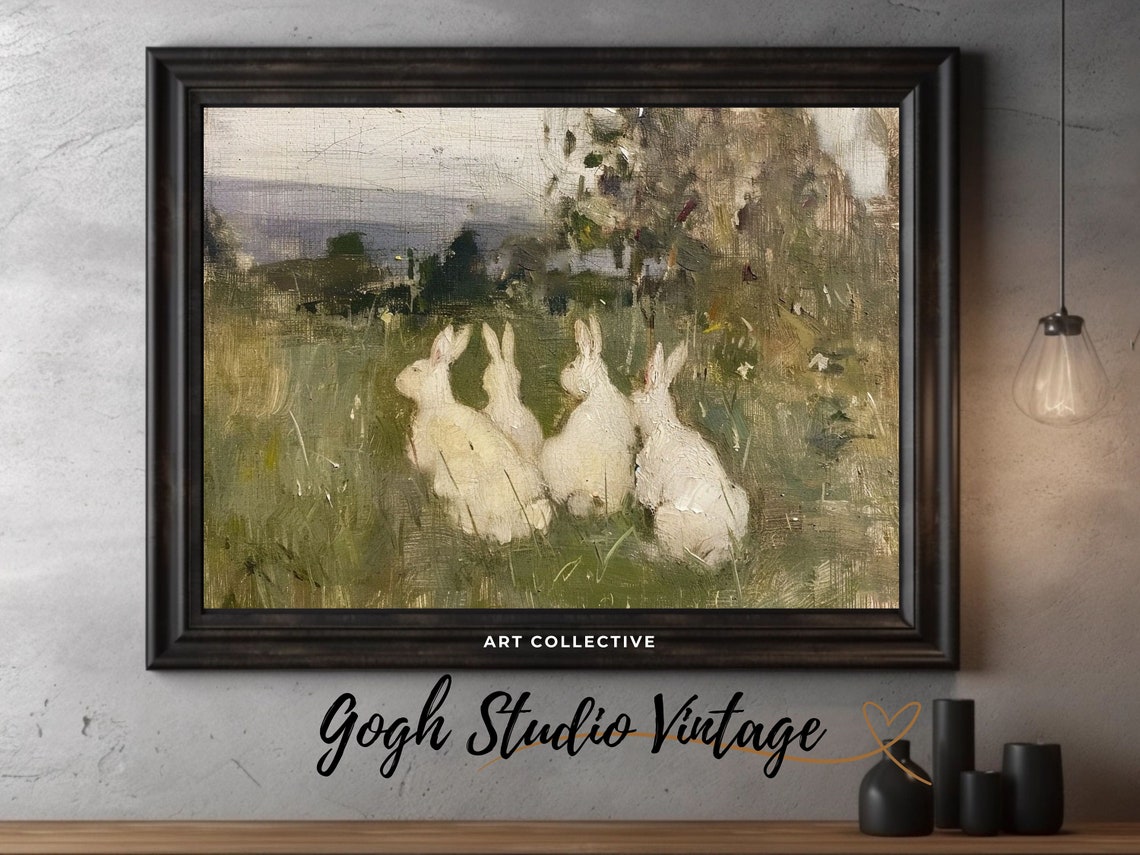 Rabbits in Meadow, Vintage Country Cottage Art Print - Image 2