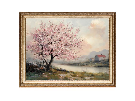 Spring Cherry Blossom Tree By The Lake Oil Painting Cottage Core Art Vintage Painting Wall Art Prints