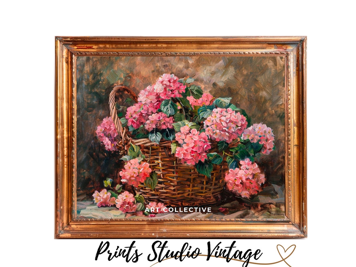 Pink Hydrangea Vintage Flower Woven Basket Hydrangea Art Floral Painting Hydrangea Print Moody Impressionism Art - Image 2