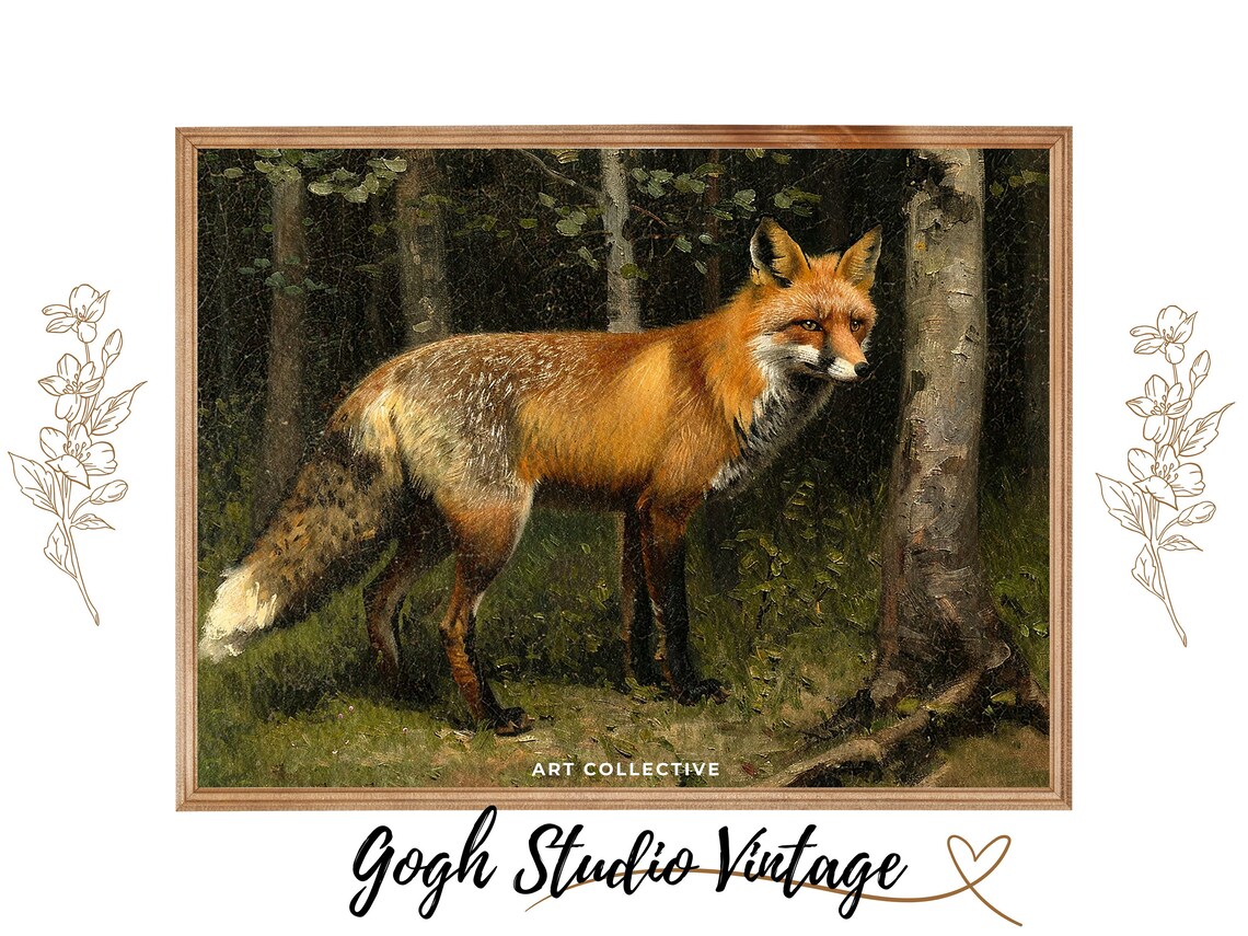 Red Fox in Dark Forest Vintage Wildlife Oil Painting Portrait Poster - Image 3