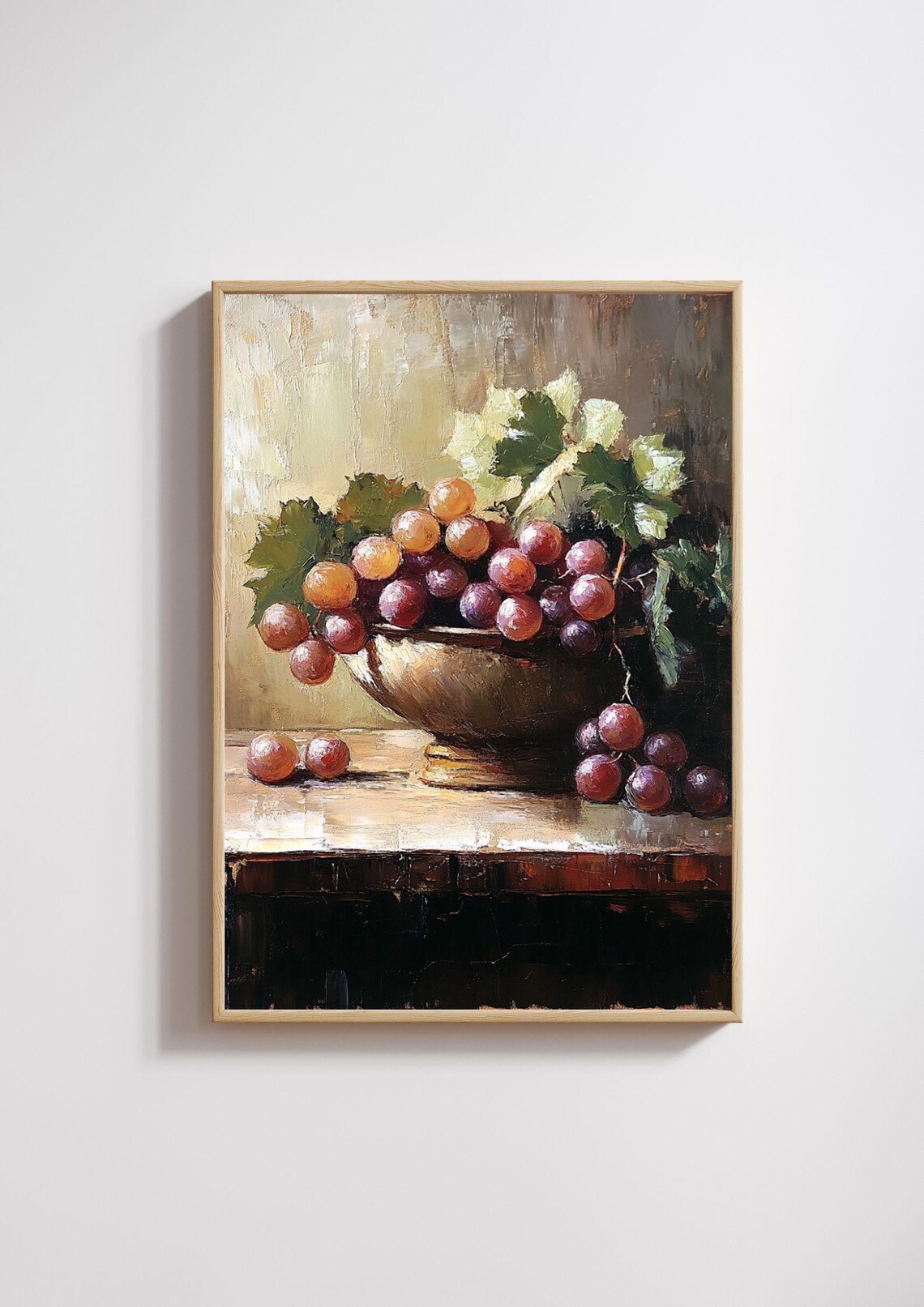 Grapes Still Life, Rustic Kitchen Vintage Oil Painting - Image 2