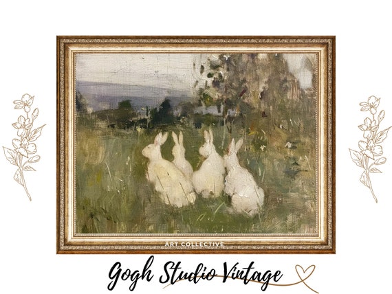 Rabbits in Meadow, Vintage Country Cottage Art Print