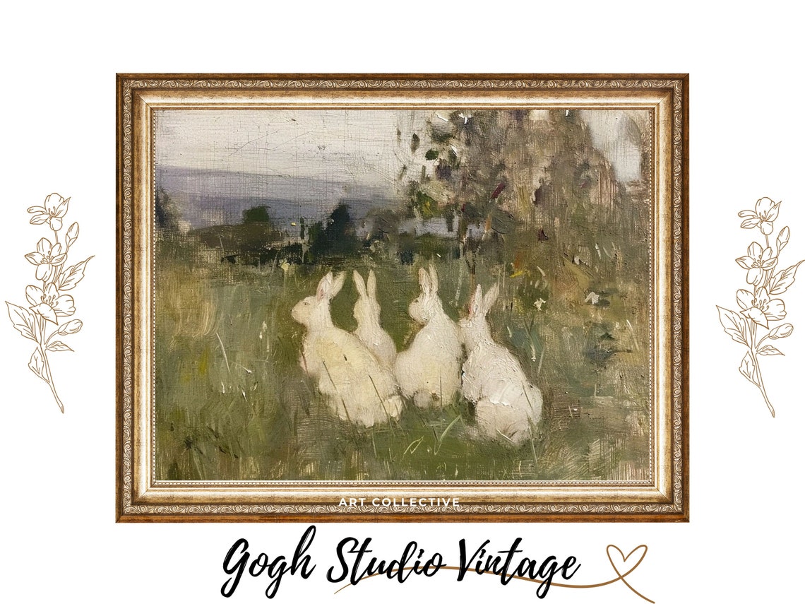 Rabbits in Meadow, Vintage Country Cottage Art Print