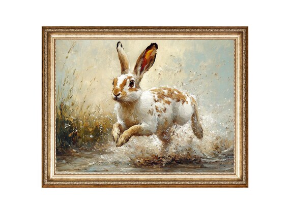 Spotted Rabbit Splashing through Water Vintage Animal Oil Poster
