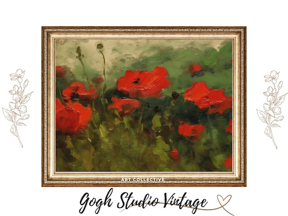 Abstract Red Poppies, Vintage Landscape Art Print