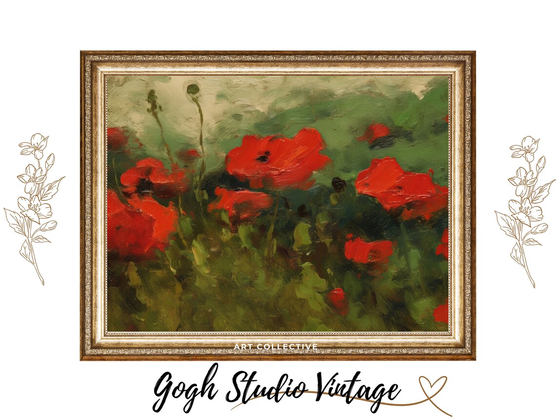 Abstract Red Poppies, Vintage Landscape Art Print