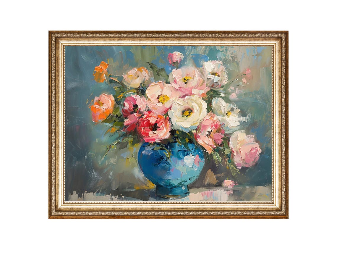 Vintage Floral Bouquet in Blue Vase Art Print
