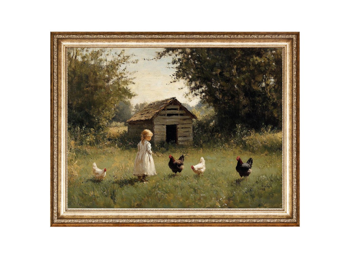 Little Girl With Chickens, Vintage Oil Painting