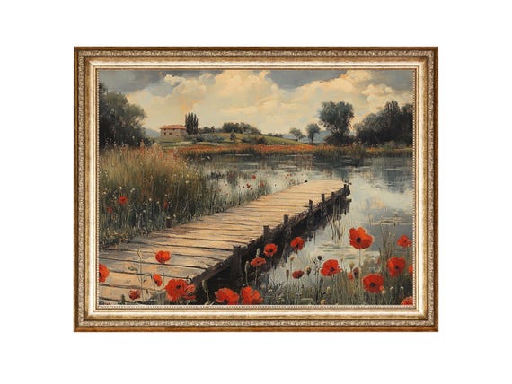 Rustic Lake Landscape Oil Painting With Red Poppies Art Oil Painting Cottage Core Art Vintage Painting Wall Art Prints