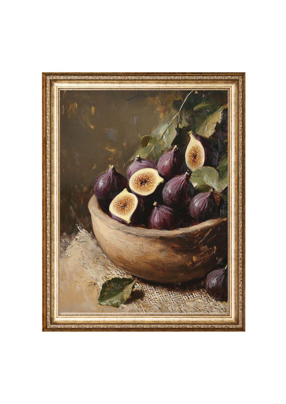 Rustic Fig Still Life, Vintage Oil Painting Art Print