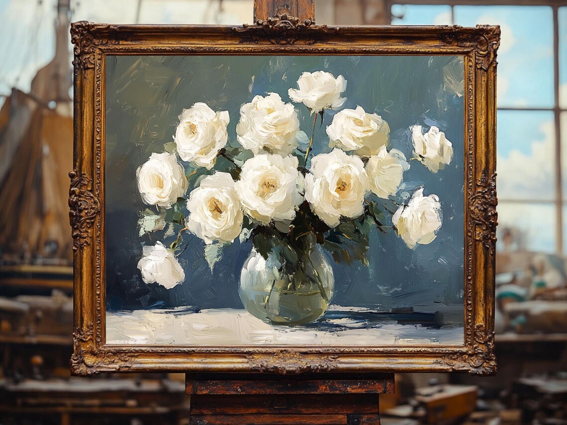 White Roses Oil Painting, Cottage Core Floral Art - Image 2