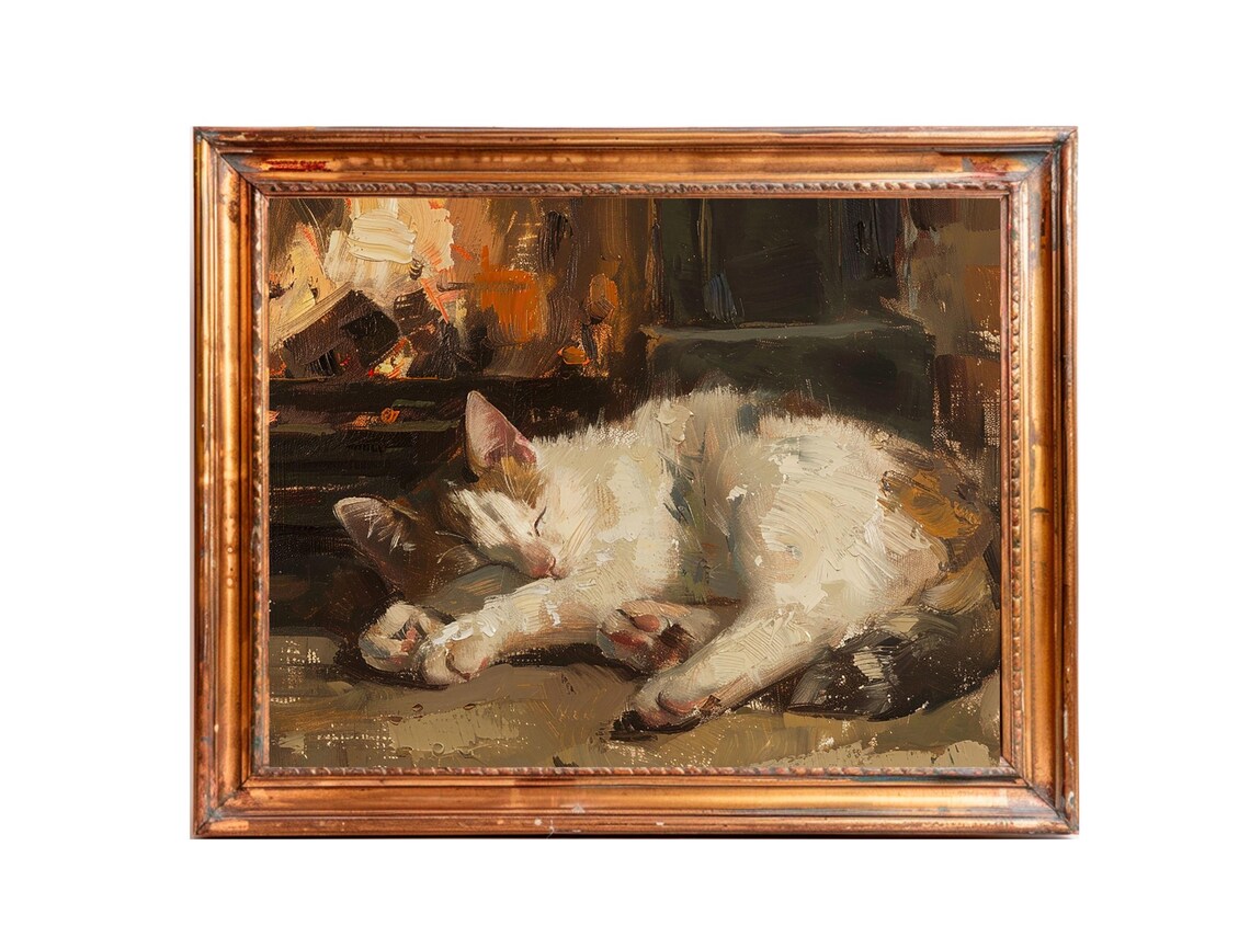 Sleeping White Cat Curled Up Cozy Vintage Animal Portrait Poster - Image 3