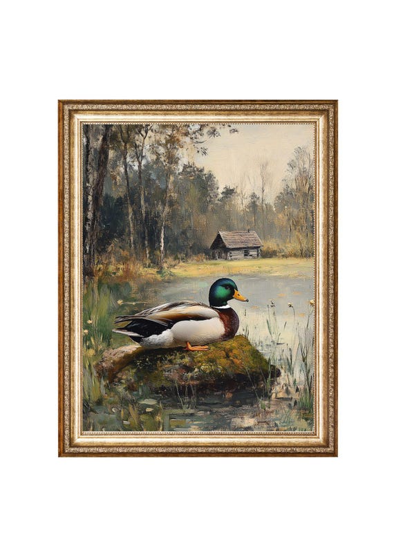 Colorful Duck By Lakeside Cabin In Serene Forest Setting Vintage Oil Painting Cottagecore Wall Art Wall Art Prints