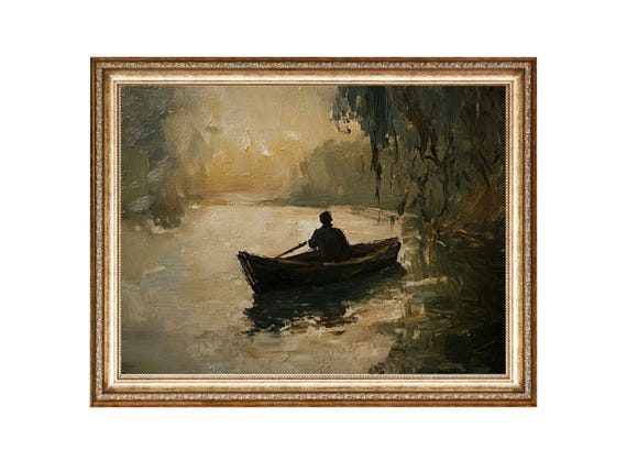 Fishing Artwork Vintage Lake Print Fishing Man On A Boat Oil Painting Vintage Prints Wall Art Gallery Wall Art
