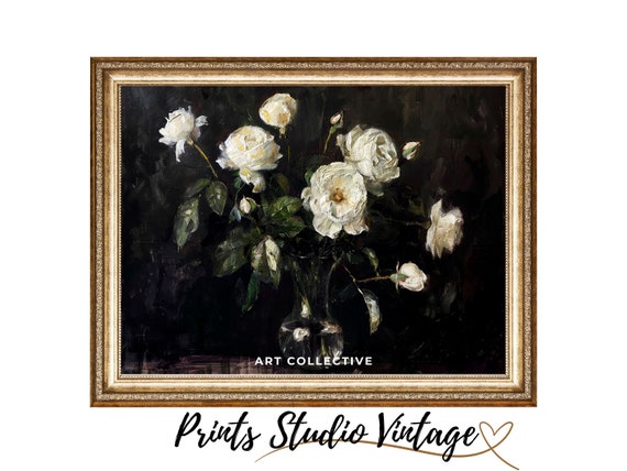 White Roses, Moody Floral Oil Painting Art Print