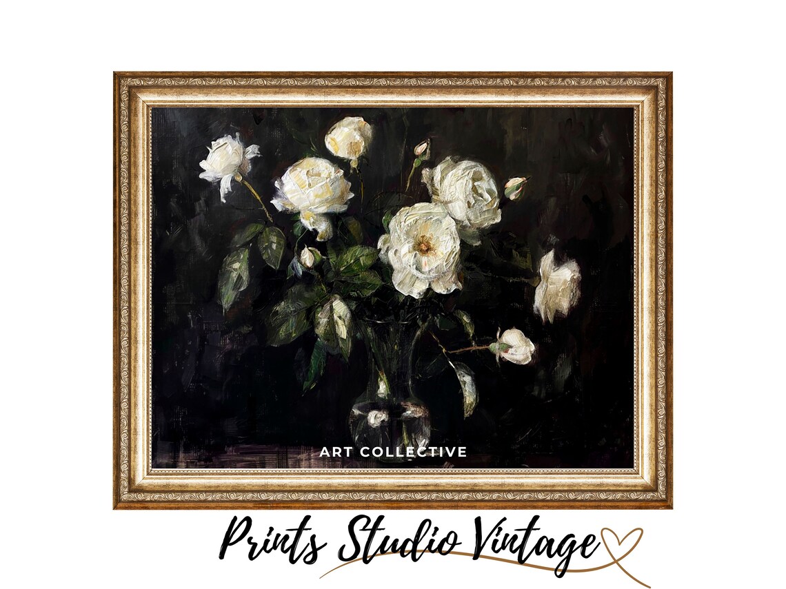 White Roses, Moody Floral Oil Painting Art Print
