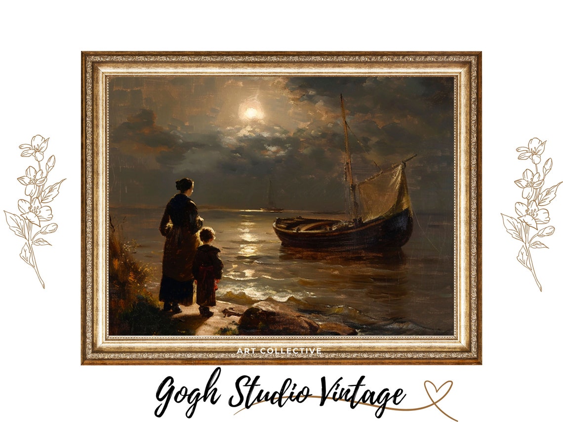 Coastal Decor Print Mother And Child Painting Fishing Boat Nautical Art Fine Art Oil Painting Wall Art Art Print