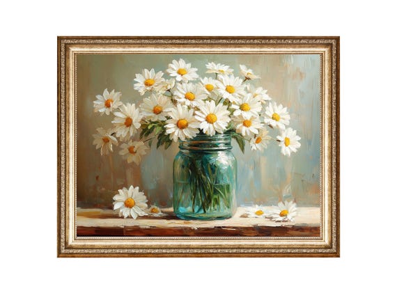 Daisy Flowers in Glass Jar, Cottage Core Art Print