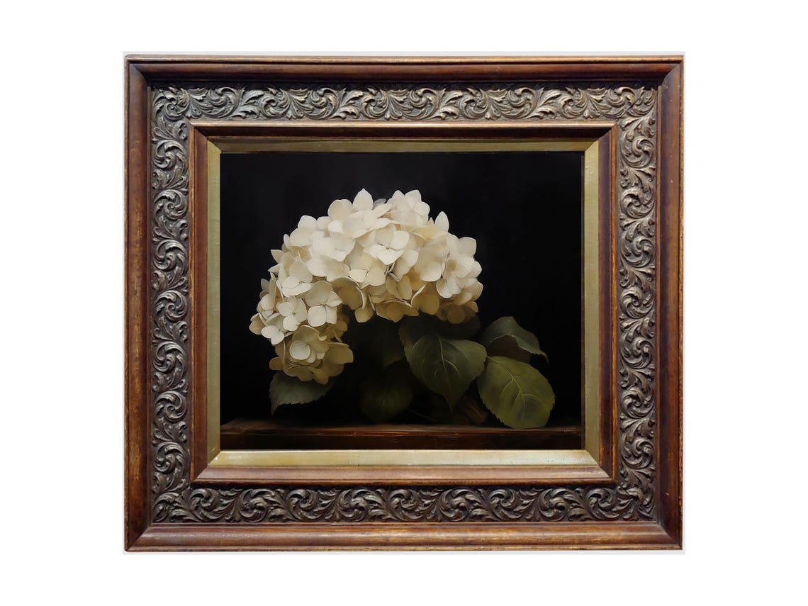 Moody White Hydrangea Oil Painting Vintage Flower Print Hydrangea Painting Botanical Wall Art Farmhouse Decor - Image 2