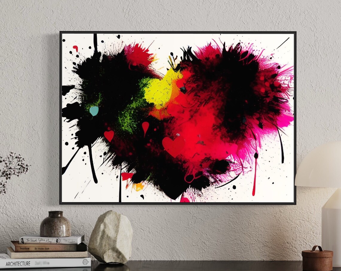 Abstract Splatter Heart Art Poster in Red Black and Pink Chaos