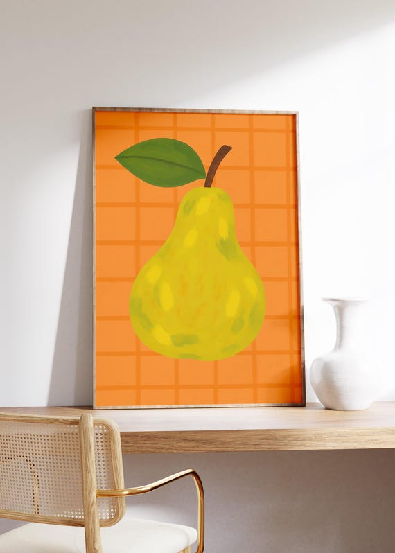 Pear Wall Art Print Bold Fruit Design Warm Orange Grid Painterly Texture Retro Kitchen Vibe Playful Decor Farmhouse Inspired Style