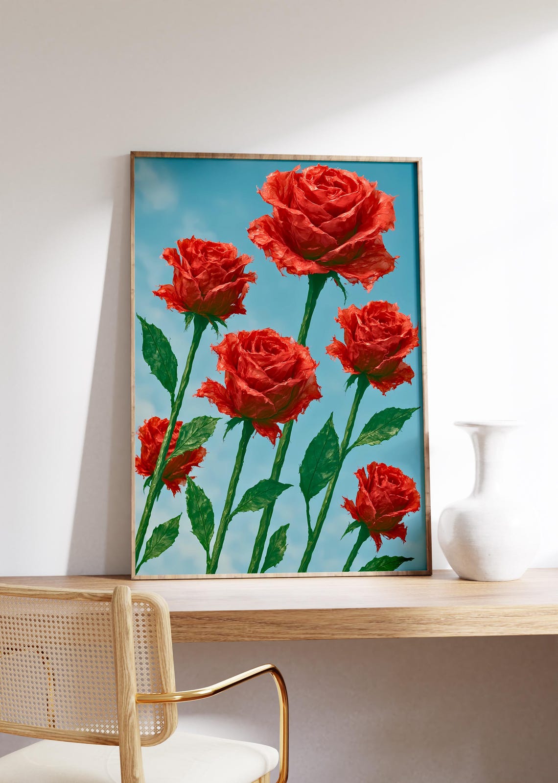 Tall Red Roses With Torn Plastic Bag Petals on Blue Sky Poster