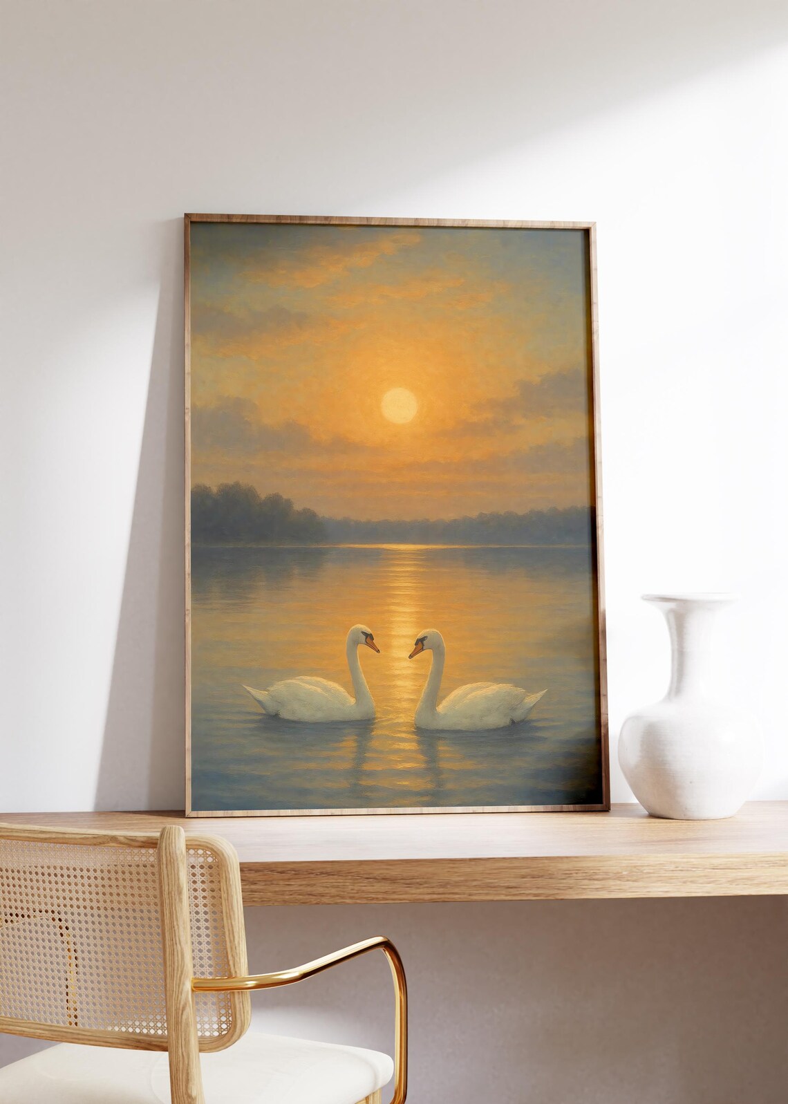 Two White Swans Facing on Lake at Sunrise Golden Waterscape Poster