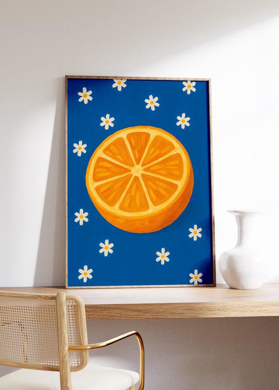 Orange Slice Wall Art Print Retro Picnic Vibe Cobalt Blue Background Daisy Details Bold Brush Strokes Fruity Kitchen Decor