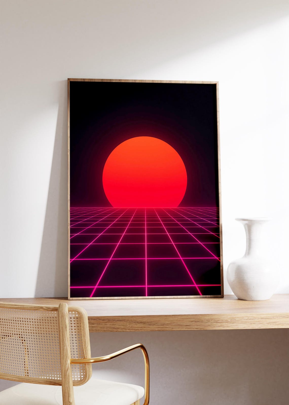 Glowing Red Sun Over Pink Neon Grid Classic Synthwave Poster