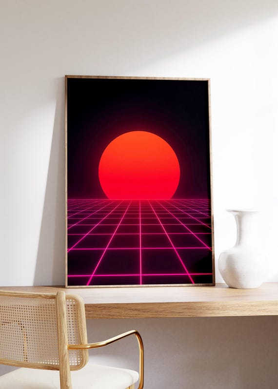 Neon Grid Sunset Wall Art Print Glowing Red Sun Retro Synth Horizon Pink Lines Vaporwave Symmetry Twilight Scene