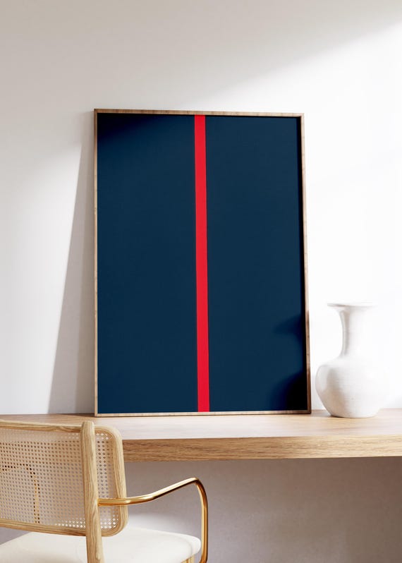 Vertical Line Wall Art Print Navy Red Contrastminimalist Stripe Designbold Abstract Centermodern Graphic Tensionclean Color Block