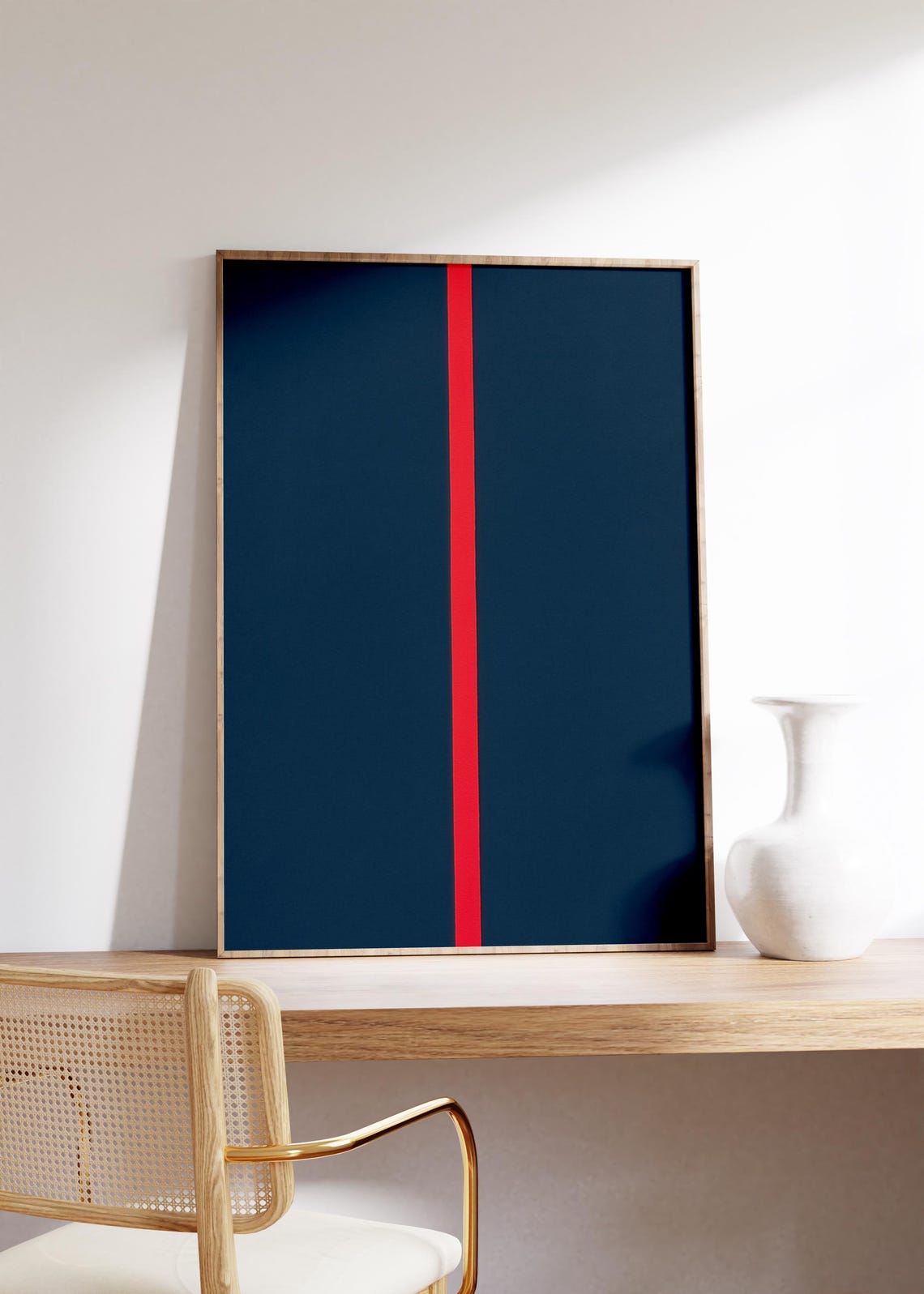Navy Blue Field with Single Bold Red Vertical Stripe Minimal Poster