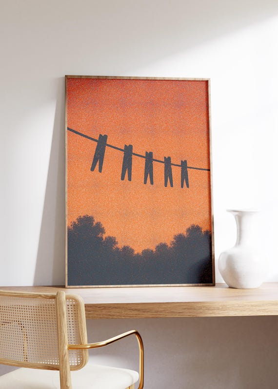 Clothesline Wall Art Print Sunset Sky Minimal Pegs Quiet Wind Moment Rustic Silhouette Orange Dusk Simple Outdoor Vibe Calm Decor