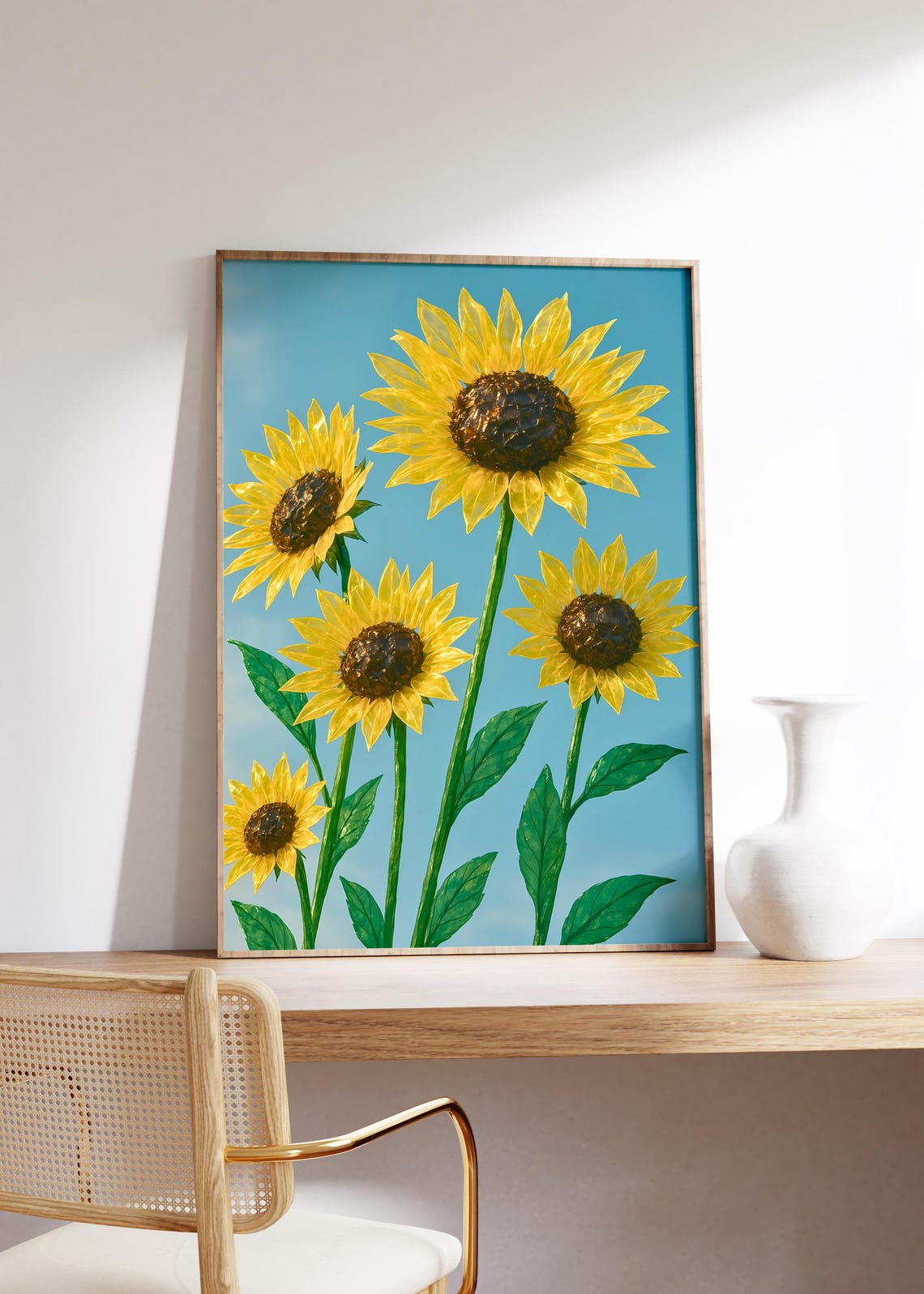 Bright Sunflowers Cellophane Petals Blue Sky Modern Floral Poster