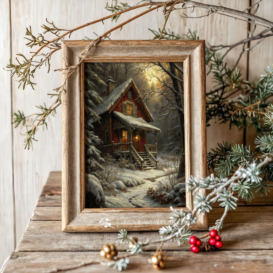 Red Cabin in a Snowy Winter Forest Vintage Oil Painting Style Poster - Image 3