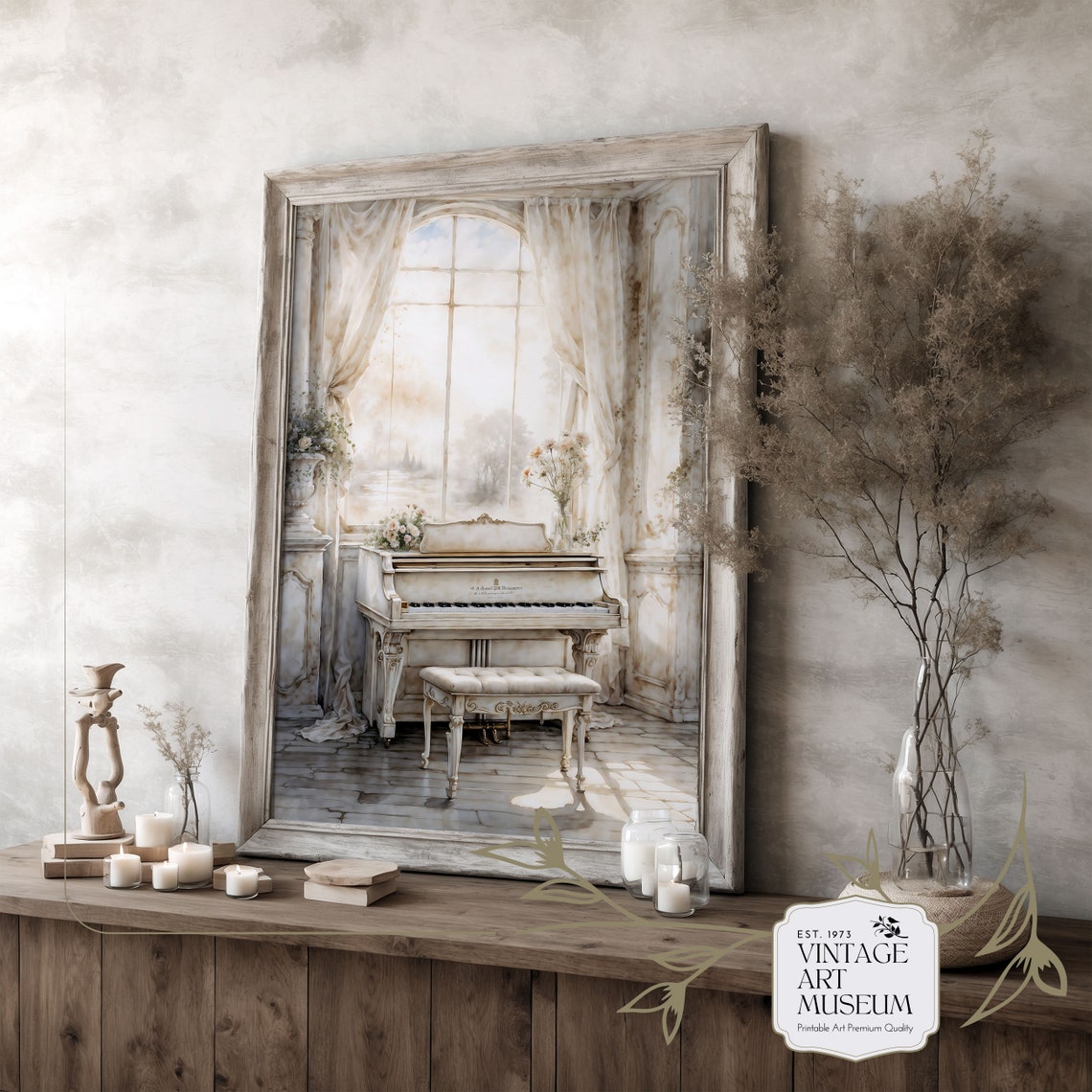 White Grand Piano by Sunlit Window Elegant Watercolor Wall Art - Image 3