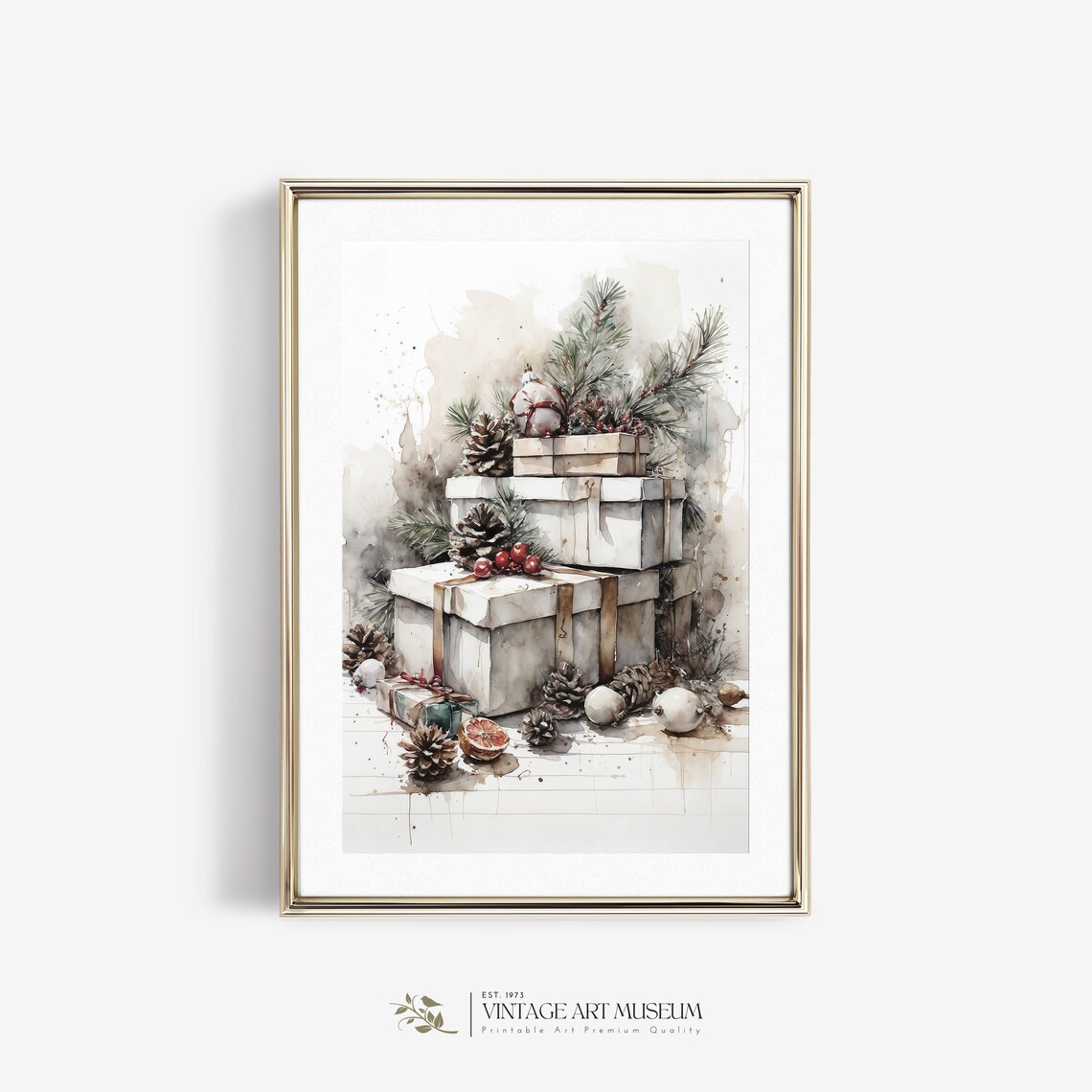 Neutral Christmas Still Life Watercolor Art Print - Image 2
